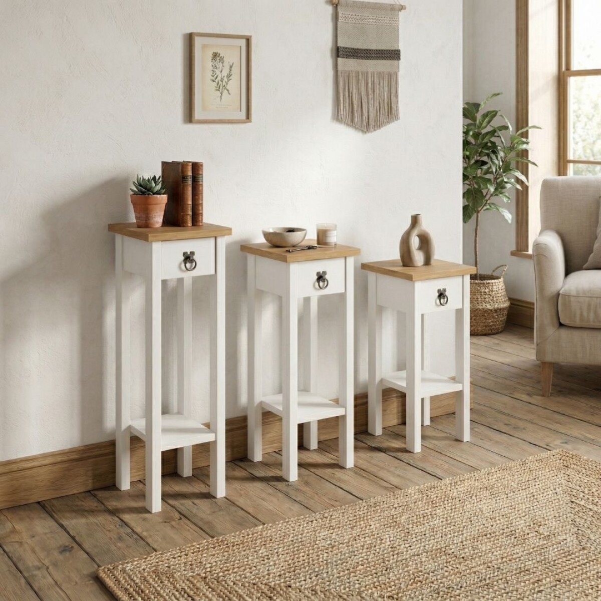 Conjunto Set De Mesas Pedestal Madera Maciza Linea Mexicana 