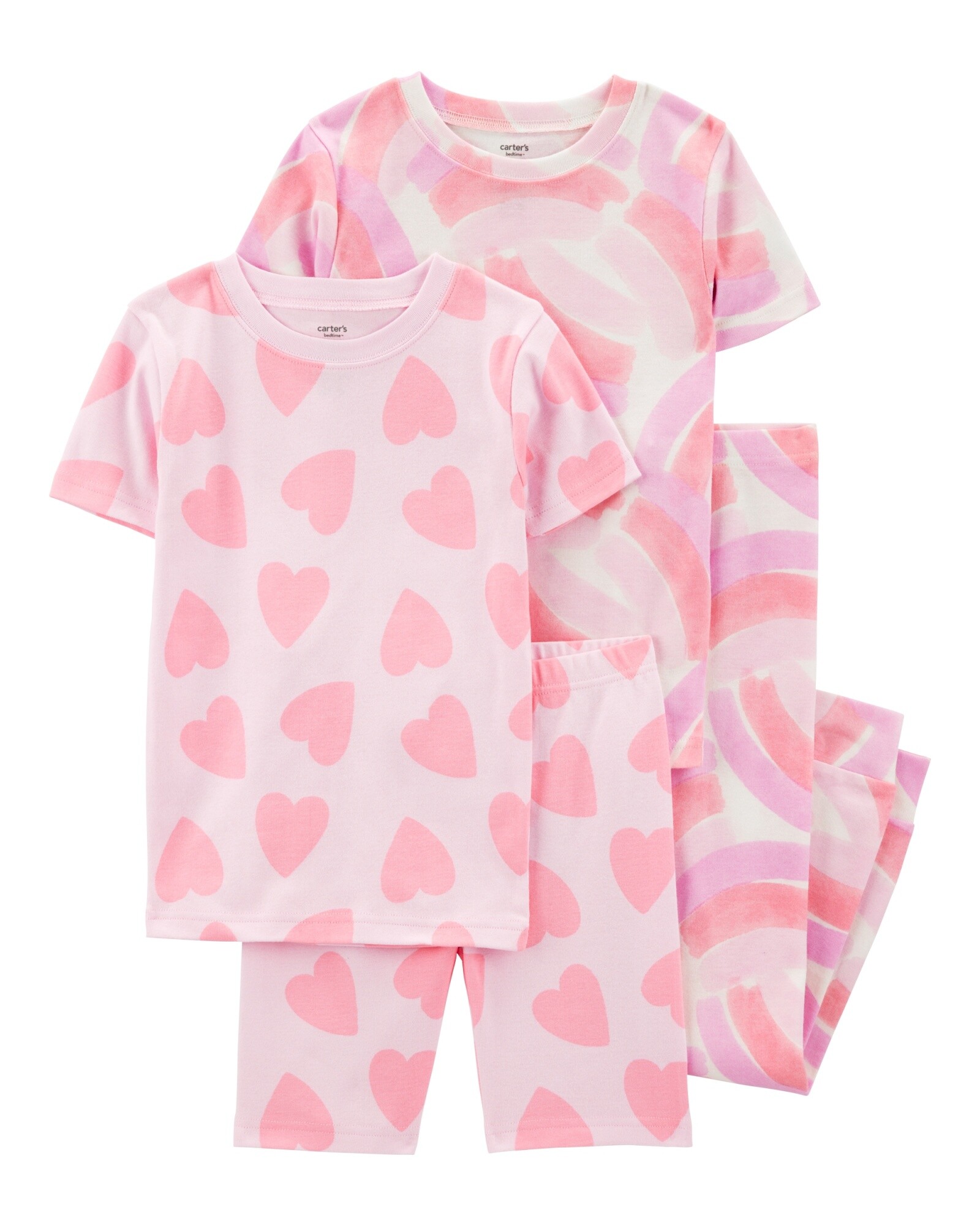 Pijama cuatro piezas de algodón, dos remeras, short y pantalón, diseño corazones Sin color