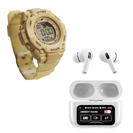 Kit Reloj Waterproof Unisex + Auriculares A9 PRO BT Táctil Beige