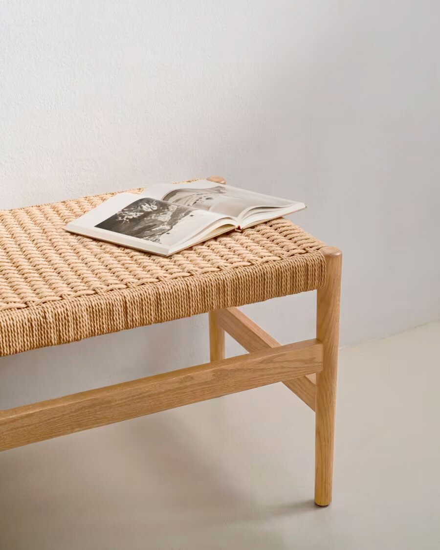 Banco Zaide de madera maciza de roble con acabado natural asiento de cuerda 120cm FSC100%