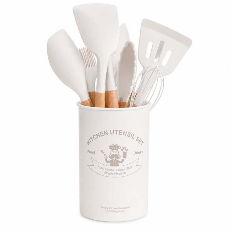 Utensilios para Cocina de Silicona y Mango de Madera 12 Piezas Marmol