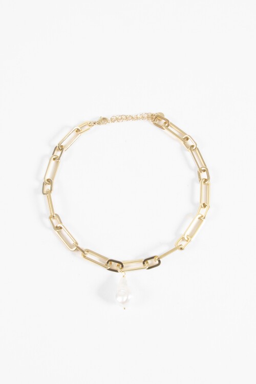 Collar gargantilla acero dije perla dorado