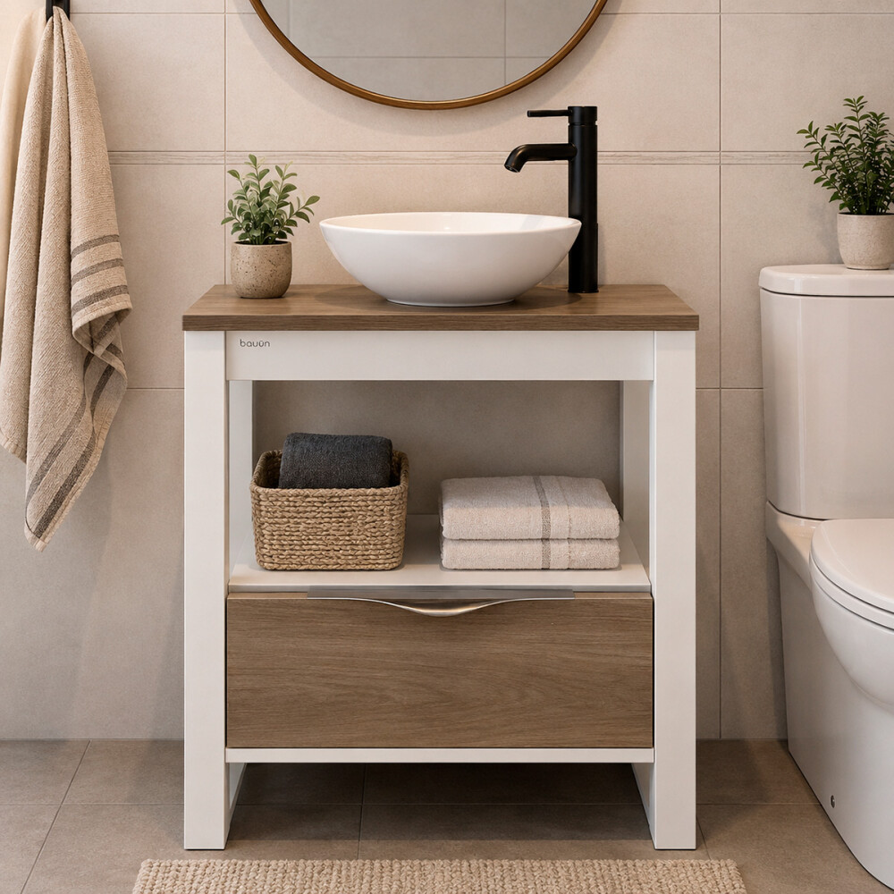MUEBLE DE BAÑO VANITY MARRÓN CON BACHA BLANCO Mueble De Baño Vanity Marrón Con Bacha Blanco