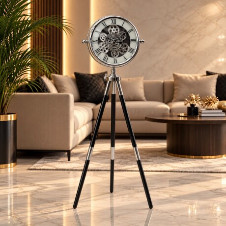 Reloj de Pie Decorativo Grande con Trípode Negro y Plateado Reloj de Pie Decorativo Grande con Trípode Negro y Plateado