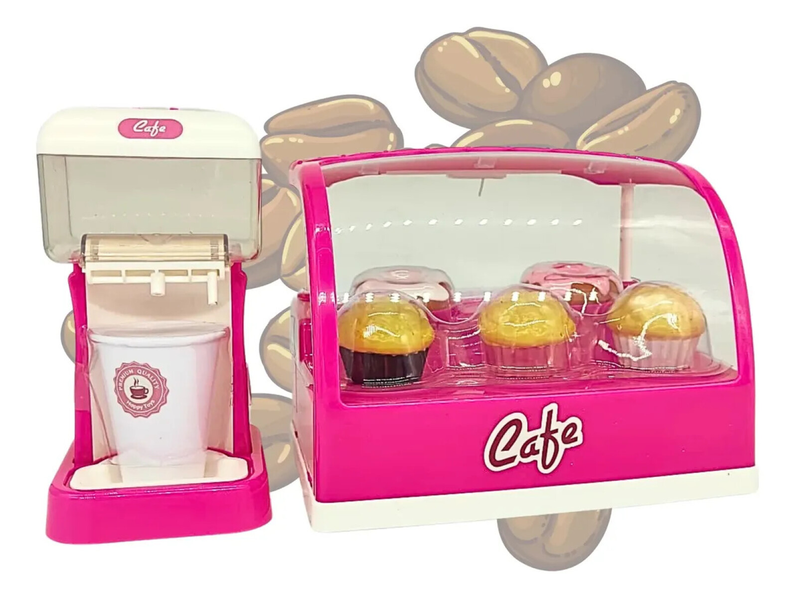 Set de cafetería con muffins, donuts y dispensador de bebidas 
