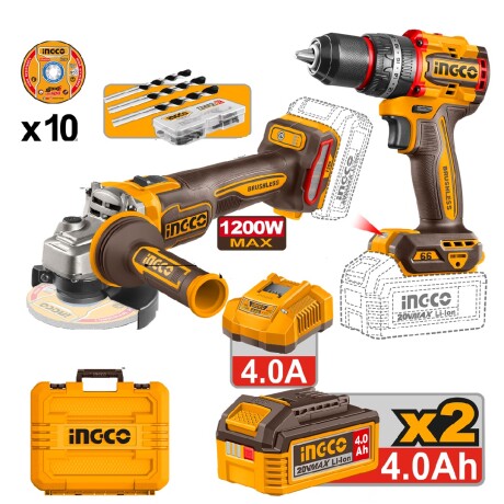 KIT COMBO A BATERIA 20V AMOLADORA ANGULAR 115MM + TALADRO AT AMARILLO-NEGRO