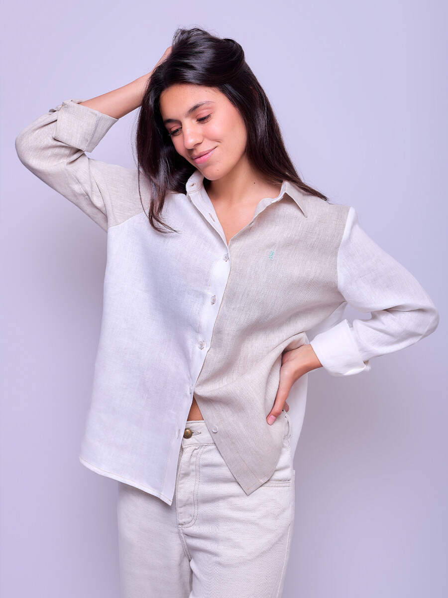 Camisa Suspiro en Lino Combinada - Blanco con Beige 