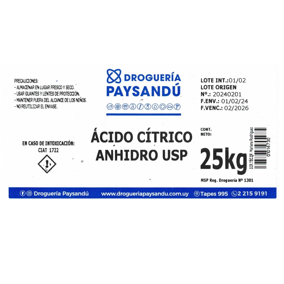 Ácido Cítrico Anhidro - 25kg 