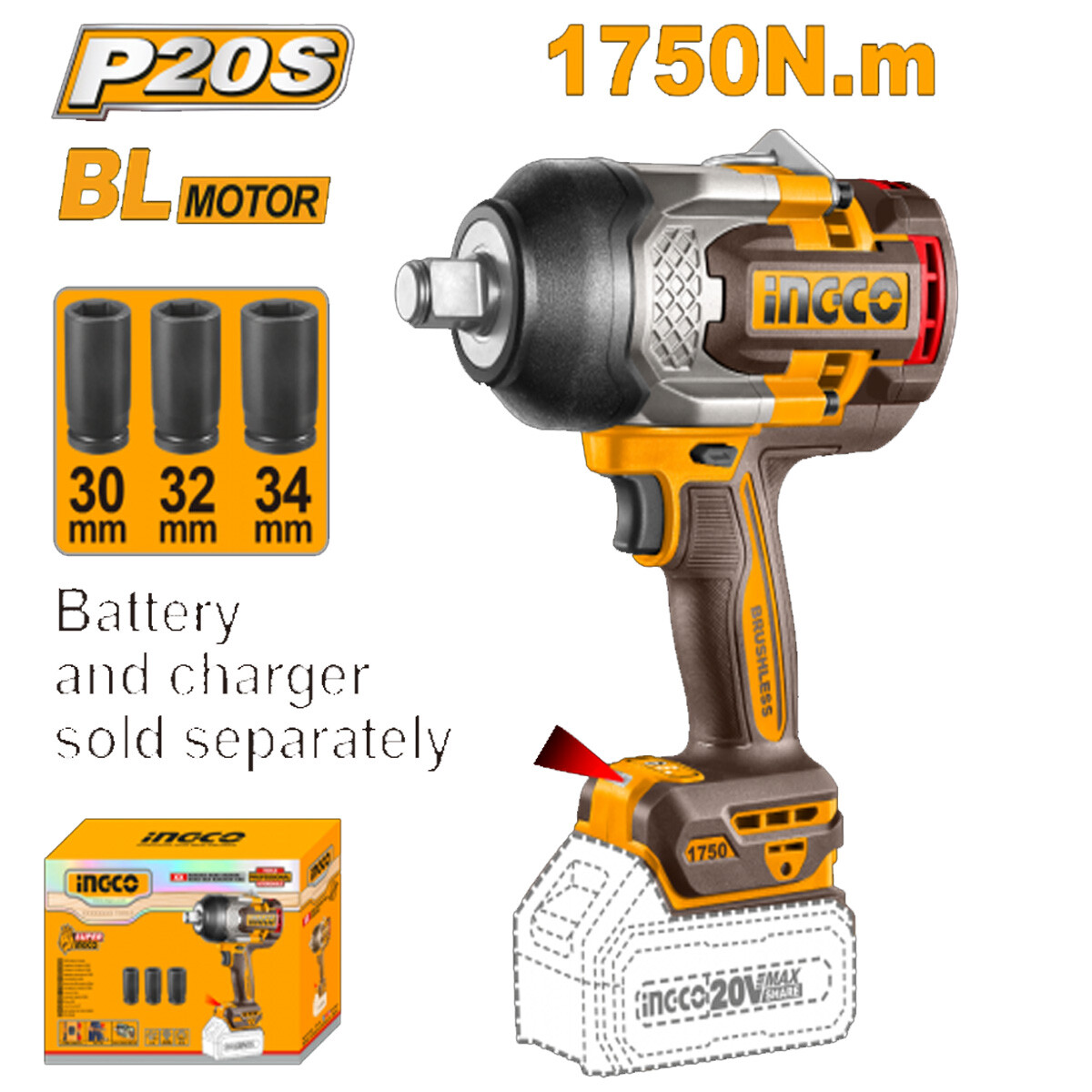 LLAVE DE IMPACTO 1750NM A BATERIA P20S 20V BRUSHLESS MOTOR + 3 DADOS SIN BAT SIN 