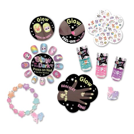 Kit Niñas Glow Dark de Uñas Esmaltes Stickers Anillo Pulsera Multicolor