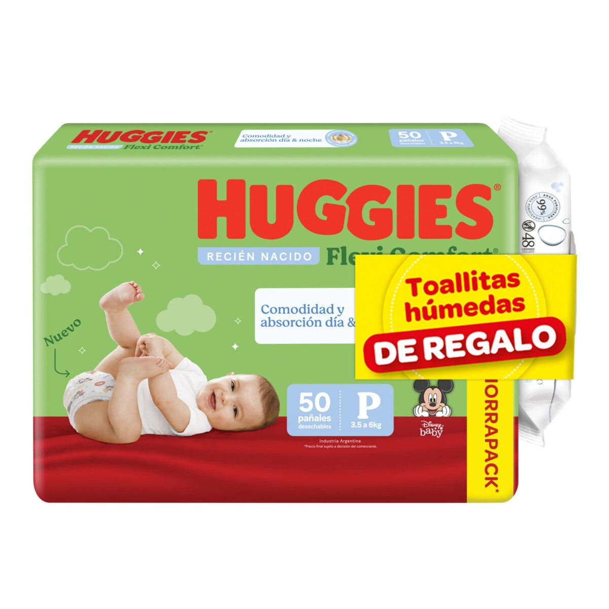 Pañales Huggies Flexi Comfort P 50 Unidades + Toallitas Húmedas x 48 Unidades 