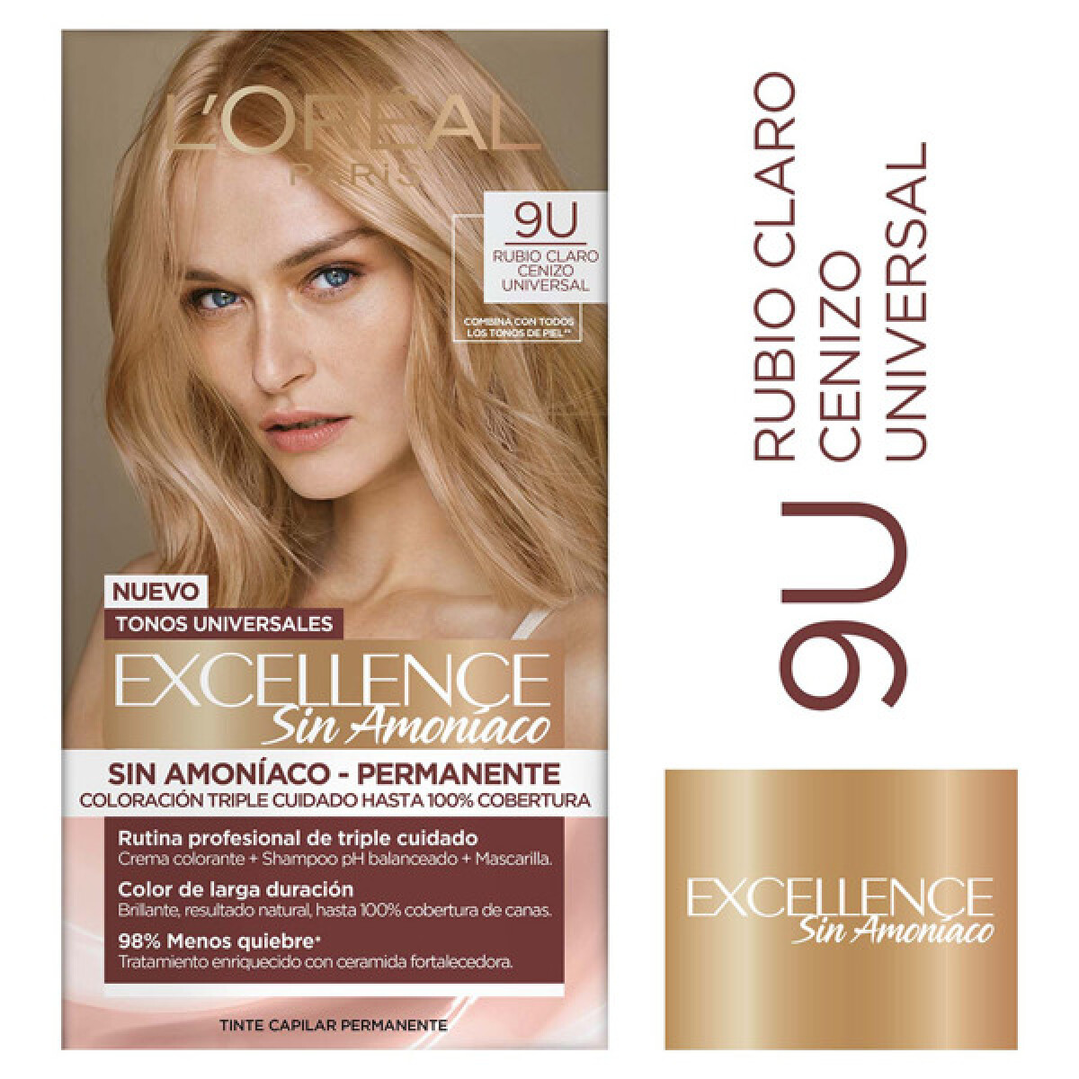 Tinta L’Oréal Excellence Sin Amoníaco N°9U Rubio Claro Cenizo Universal – Color Duradero y Suave 