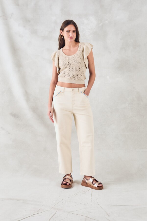 Top Metalizado Manga Volados Beige Melange