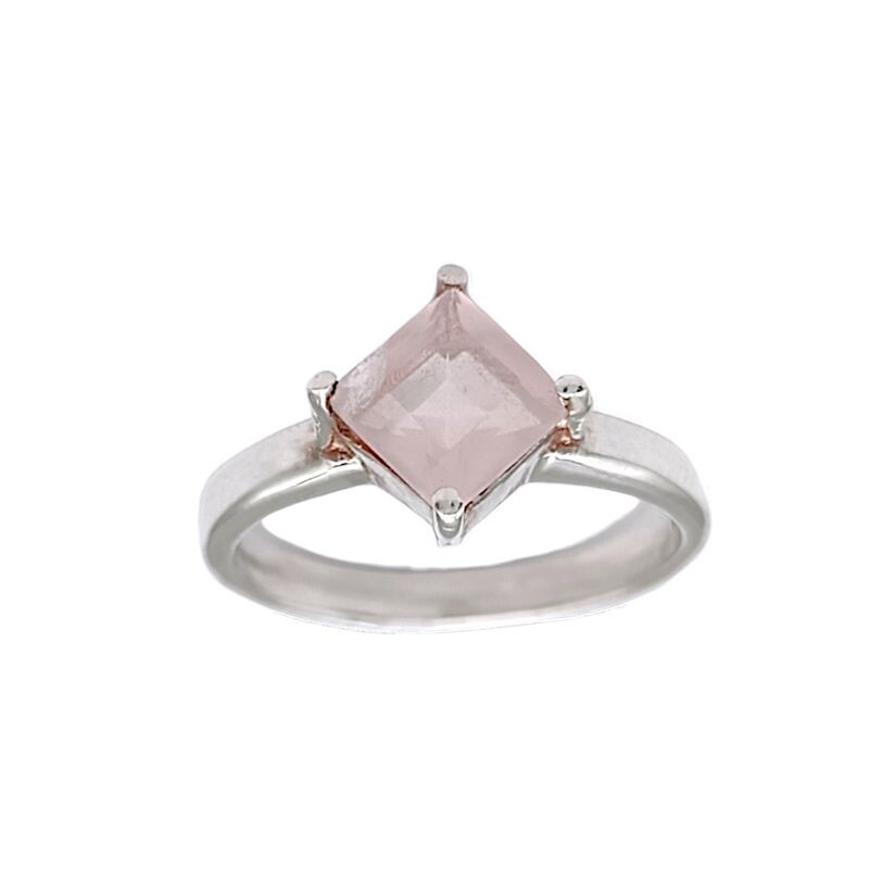 Anillo Rombo-Plata rodinada-Piedra Cuarzo rosa-AN2015 conpiedra