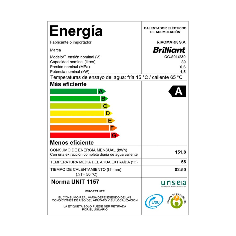 TERMOTANQUE BRILLIANT COBRE 80L BRCC80WH