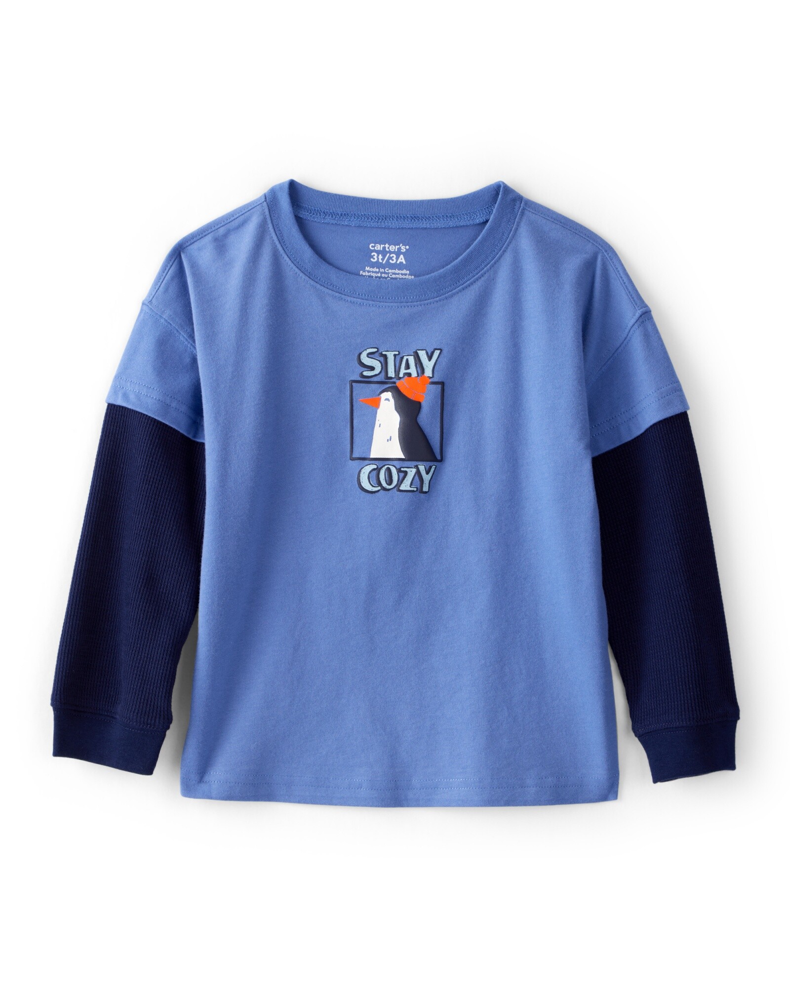 Remera de algodón, manga larga, azul, estampa pingüino Sin color