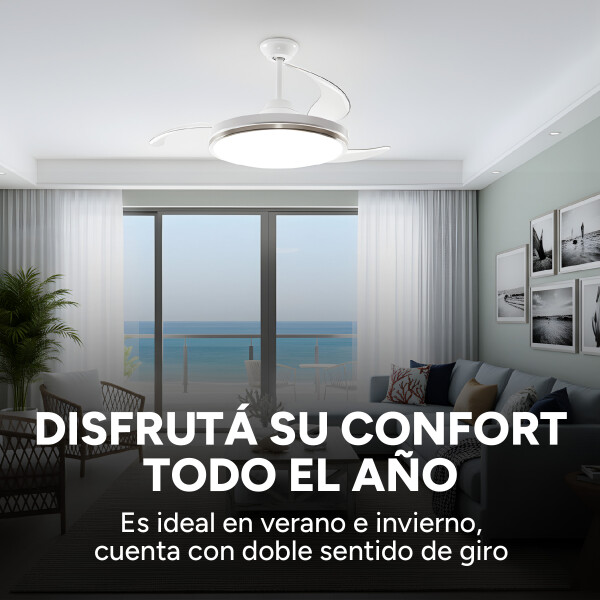Ventilador De Techo Lámpara Led Aspas Retráctiles C/ Control Color Blanco