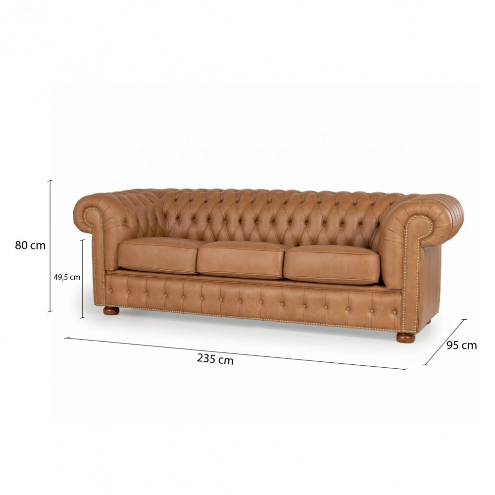 Sillón 100% Cuero - 3 Cuerpos - Chesterfield Camel