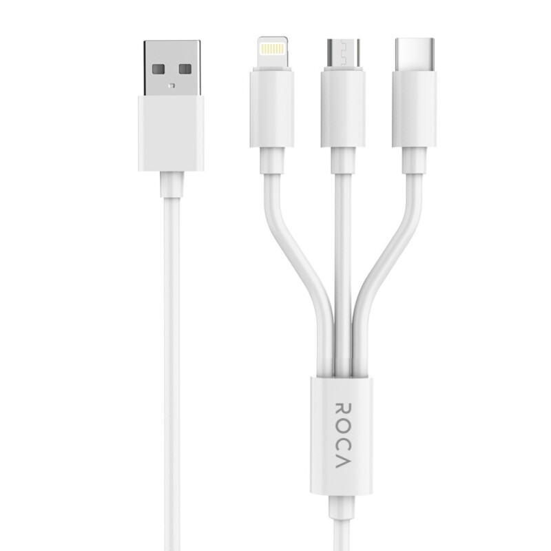 Cable 3 en 1 Roca Multipy 120cm Micro USB USB-C Lightning Blanco CABLE DE DATOS ROCA | MULTIPY | 3EN1 | 120CM | 2.4A | MICROUSB/TIPO C/LIGHTNING (SÓLO CARGA)| BLANCO