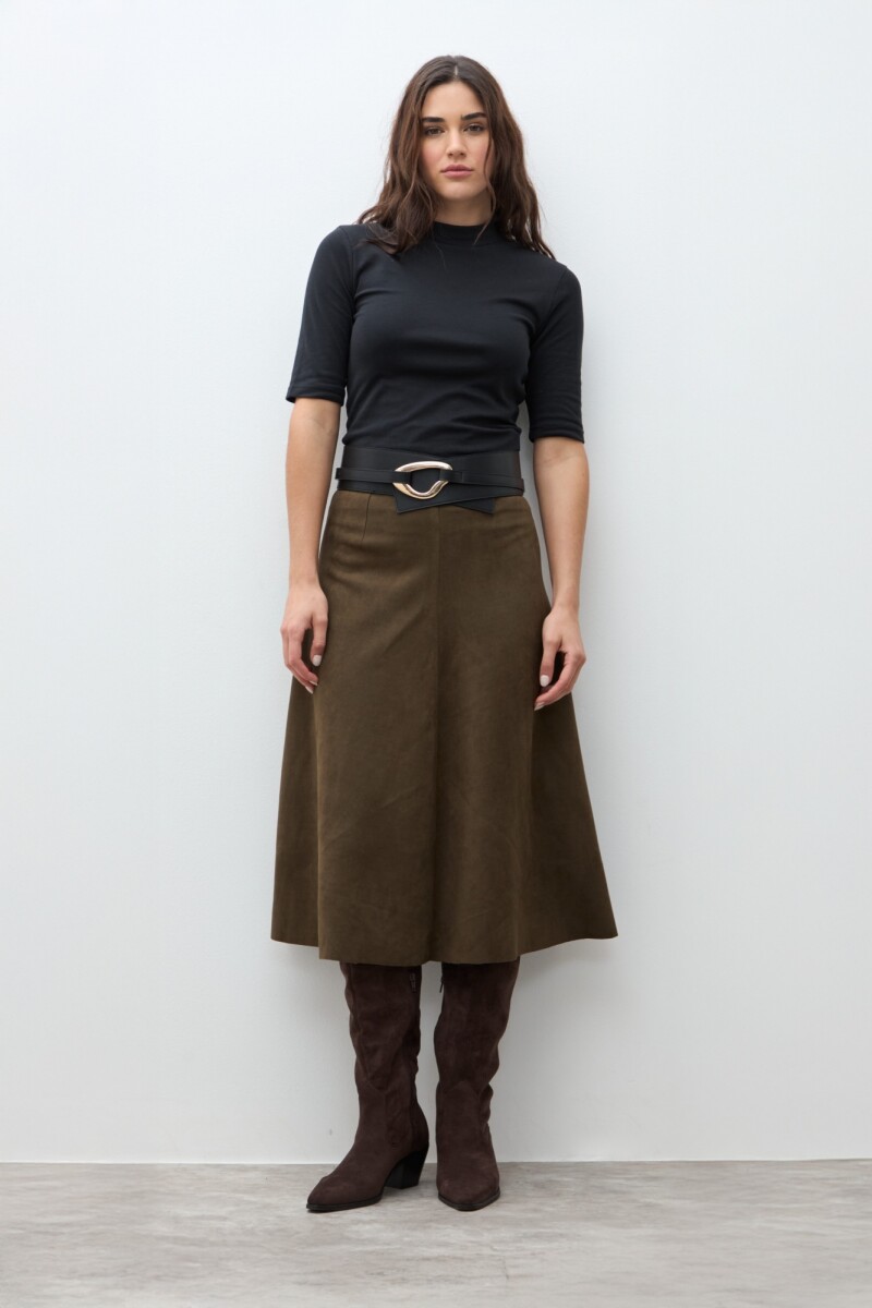 Falda midi simil gamuza - verde oliva 