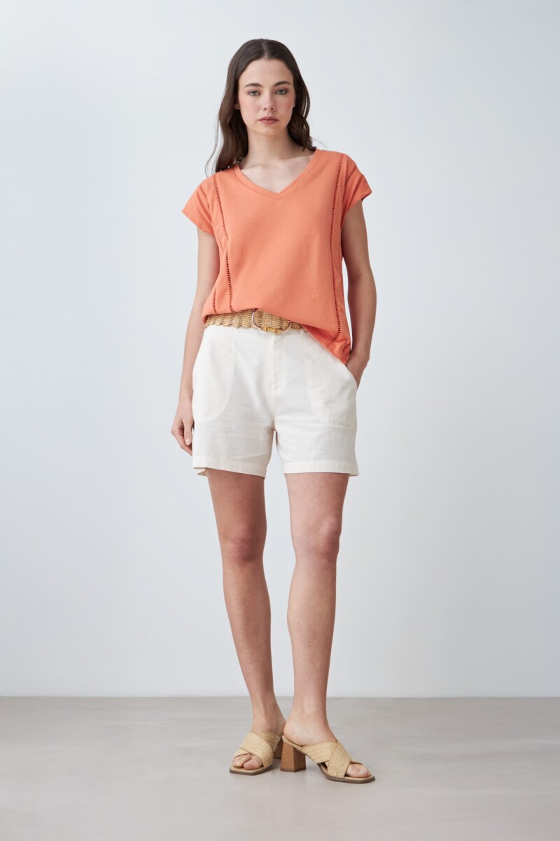 Remera escote en V con vainillas - durazno 