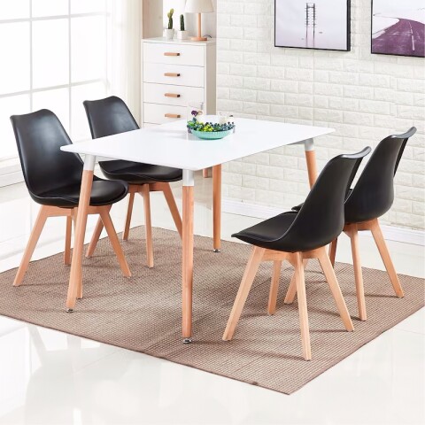 Juego de Comedor de 4 Sillas Eames Tulip con Asiento Acolchado y Mesa Rectangular Patas de Madera Negro