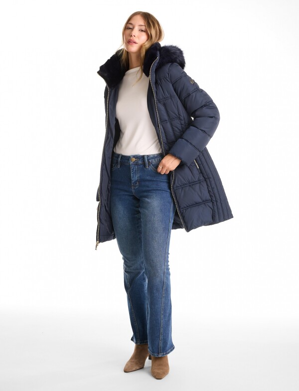 Campera Puffer Larga & Capucha Desmontable AZUL