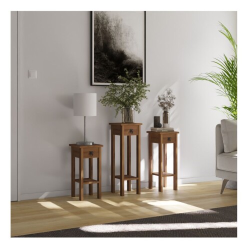 Conjunto Set De Mesas Pedestal Madera Maciza Linea Mexicana Oscuro