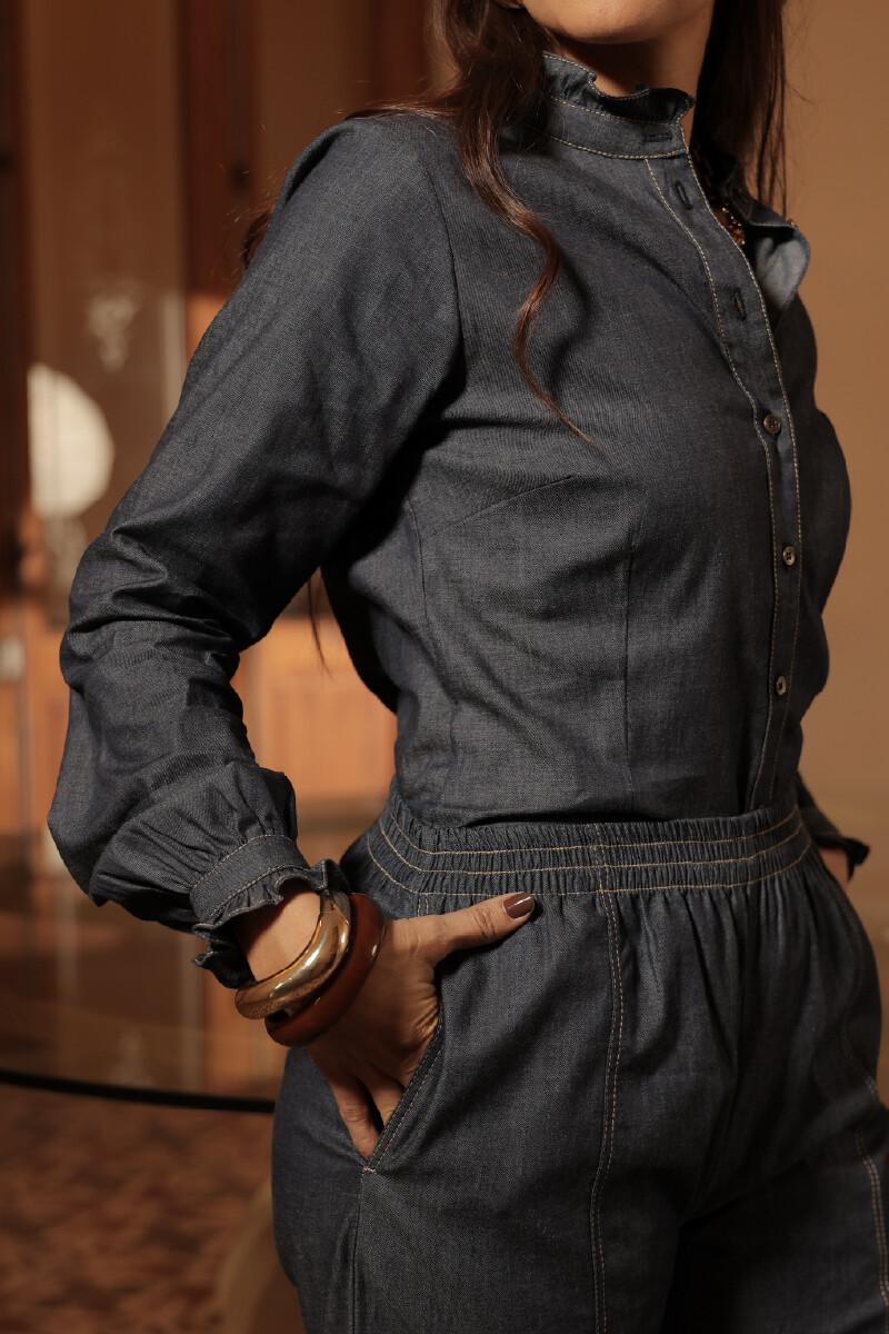 CAMISA C076/09 M/L CUELLO MAO CON AÑADIDO EN FRUNCE EN PUÑO Y ESCOTE Azul