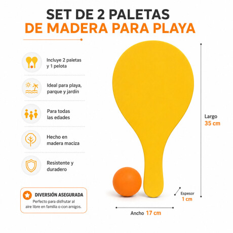 Set De 2 Paletas De Madera Para Playa + Pelota Amarillo