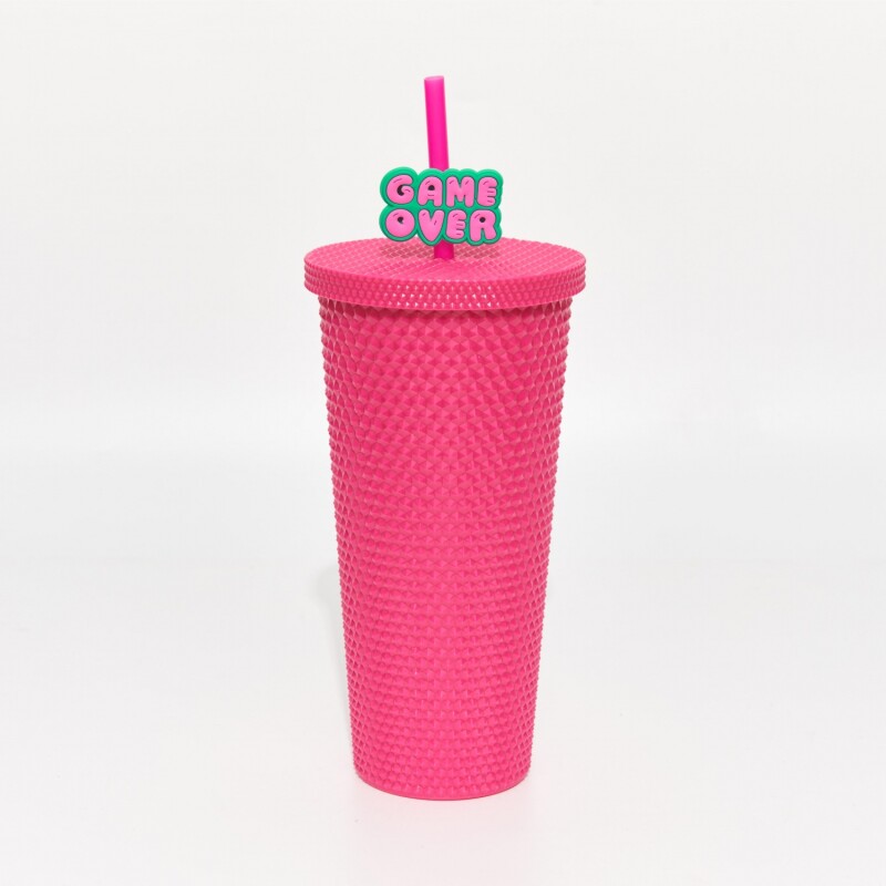 VASO TACHUELAS CON TAPA Y PAJA (700 ML/ROSA ROJA) VASO TACHUELAS CON TAPA Y PAJA (700 ML/ROSA ROJA)
