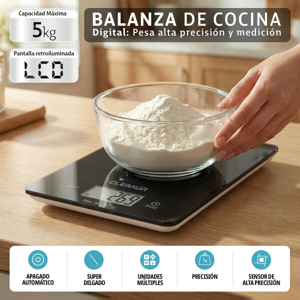 Balanza Digital de Cocina IMBACK con Precisión 1g a 5kg, Acero Inoxidable Color Negro Balanza Digital de Cocina IMBACK con Precisión 1g a 5kg, Acero Inoxidable Color Negro
