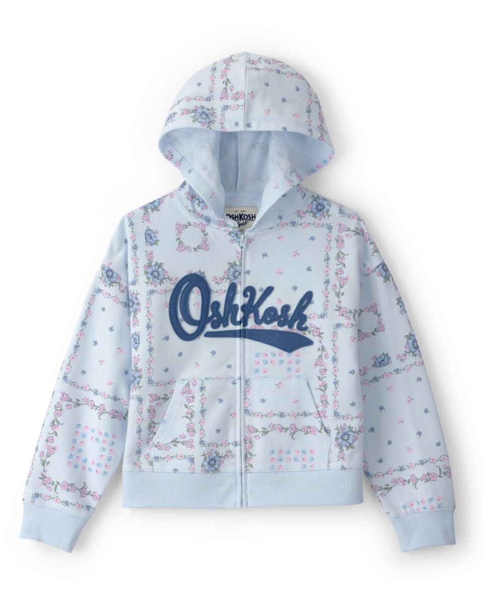 Campera de algodón, azul, con capucha y logo, diseño floral 