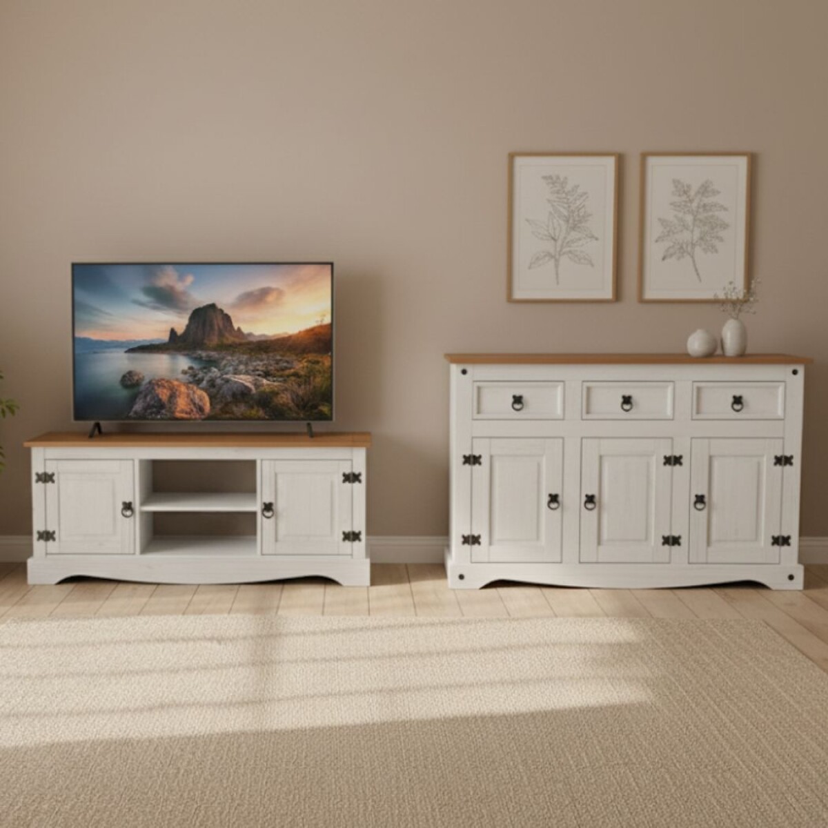 Promo Rack de Tv + Aparador Linea Naturale - Blanco/Roble 