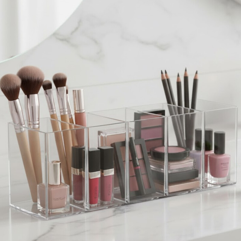 Organizador para cosméticos de acrílico rectangular con 5 divisiones TRANSPARENTE