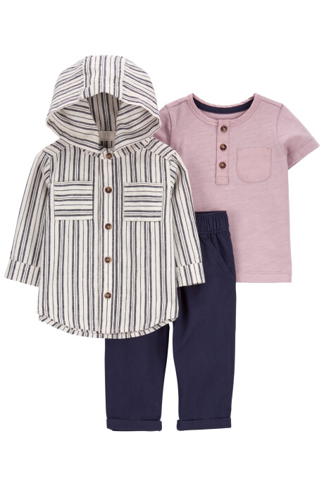 Set tres piezas pantalón de sarga, camisa manga larga con capucha y remera henley de jersey manga corta 0