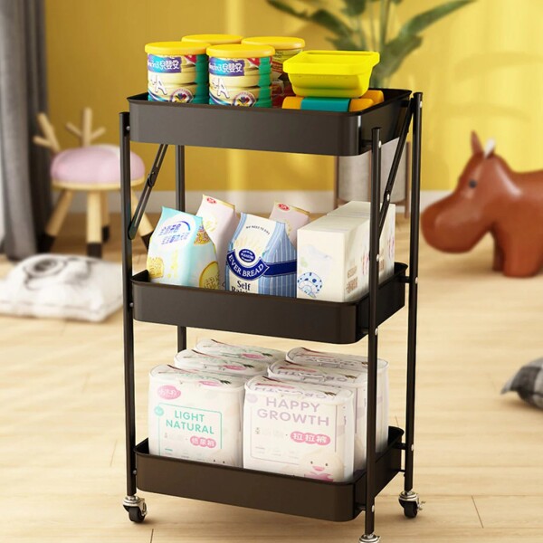 Carro Organizador 3 Estantes Con Ruedas Multiuso Plegable Color Variante Negro