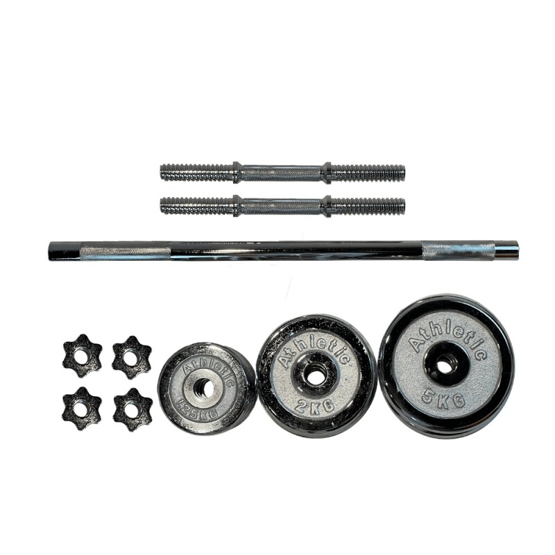 Set De Mancuernas Y Barra Cromadas con Valija Athletic 30Kg Plateado