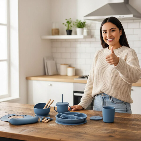 Set Alimentación Bebé Platos Silicona Libre Bpa 10 Piezas Color Azul