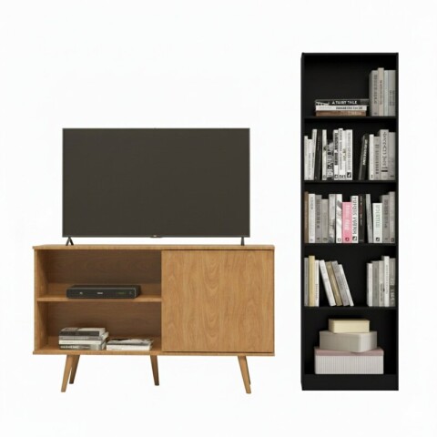 Combo de living Rack de Tv Zenith y Biblioteca Multiusos Anita - Combinado Freijo y Negro Combo de living Rack de Tv Zenith y Biblioteca Multiusos Anita - Combinado Freijo y Negro