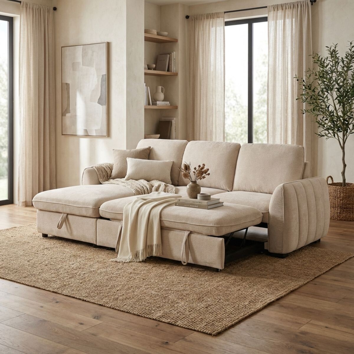 Rinconera Cama Thesi (C/Baúl) - Tela Microfibra - Chaise izquierdo - City 102 (Beige) 
