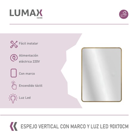 Espejo Vertical Lumax Suleban c/marco y luz 90x70cm Dorado