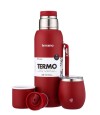 Kit Termo 1Lt Con Base De Silicona + Mate De Acero Con Tapa Rojo