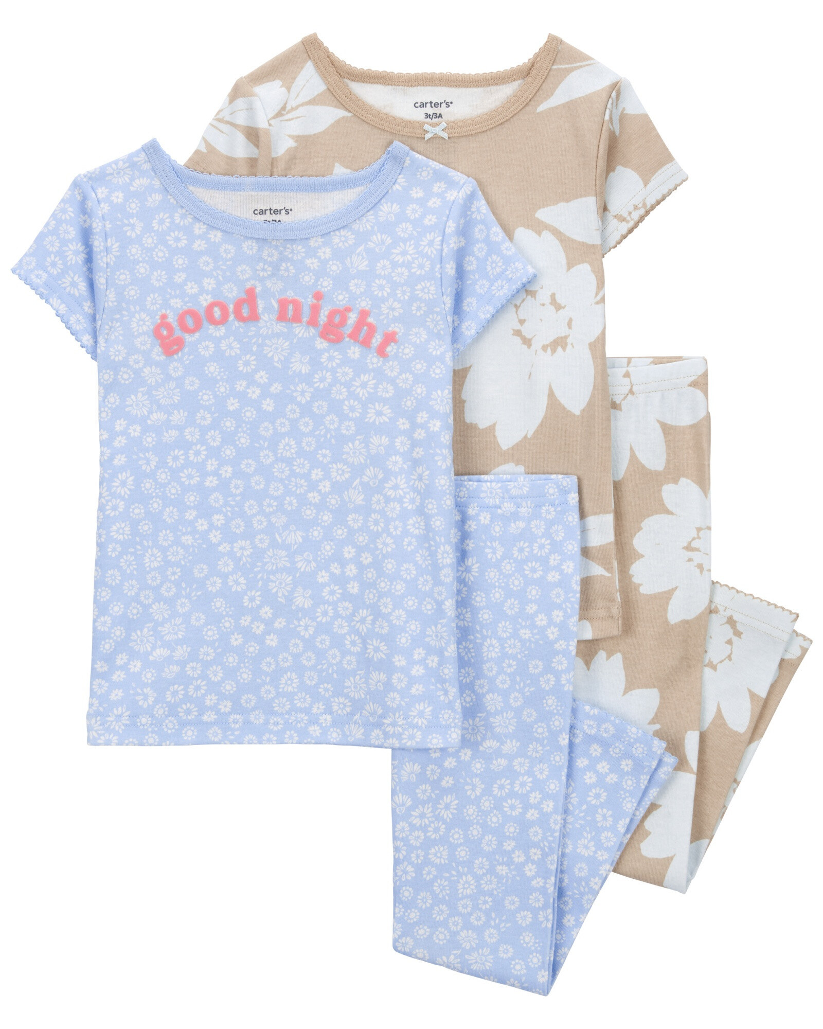 Pijama cuatro piezas de algodón, dos pantalones y dos remeras, diseño floral. Talles 2-5T Pijama cuatro piezas de algodón, dos pantalones y dos remeras, diseño floral. Talles 2-5T
