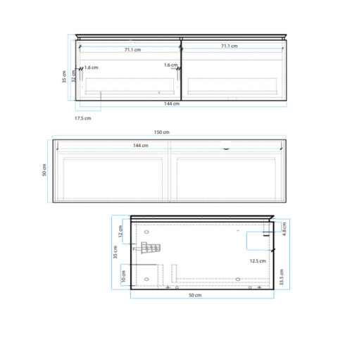 MUEBLE DE BAÑO BLANCO 150X50X35CM CON DOS CAJONES, BACHA Y VALVULA BLANCO