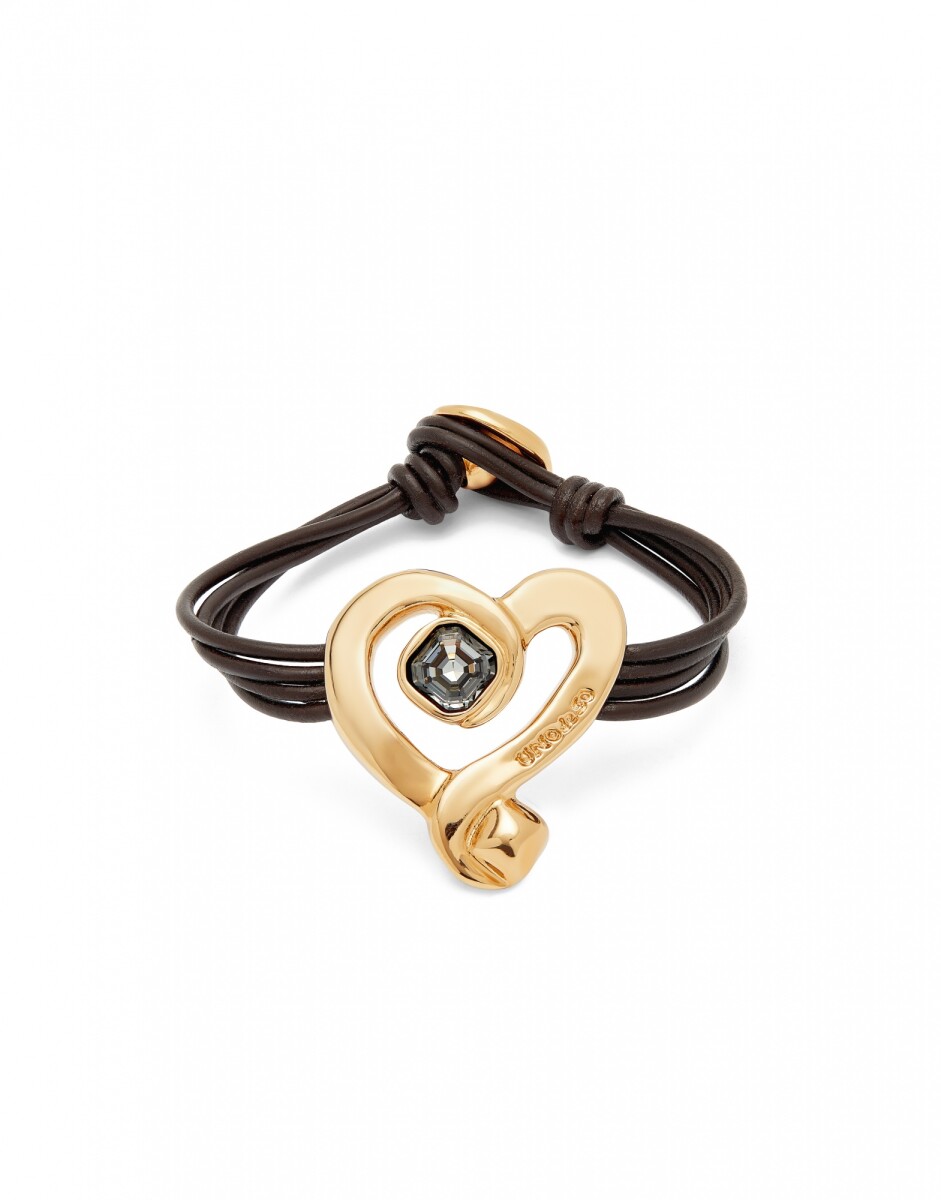 PULSERA DE CUERO CON CORAZON EN ALEACION DE METALES BAÑADO EN ORO 18K CON CRISTAL NEGRO - Pulsera 