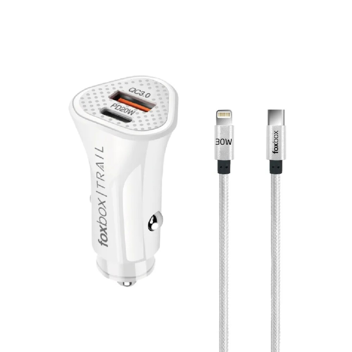 Cargador para Auto+Cable USB TYPE-C A LIGHTNING FOXBOX TRAIL PD20W Quic Charge 3.0 White