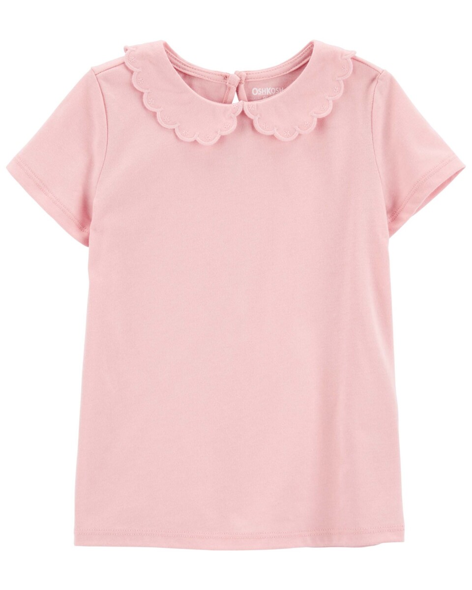 Blusa de algodón manga corta con cuello mago festoneado. Talles 2-5T 