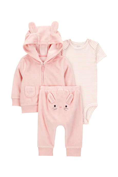 Set tres piezas de algodón, campera y pantalón de terry, más body, diseño conejita Sin color