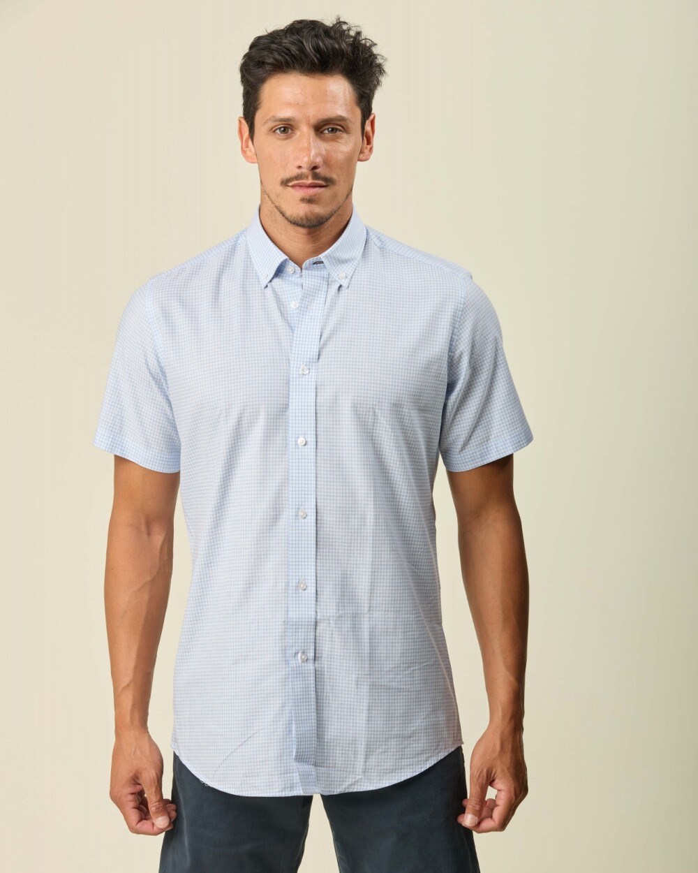 Camisa Manga Corta Celeste Cuadros